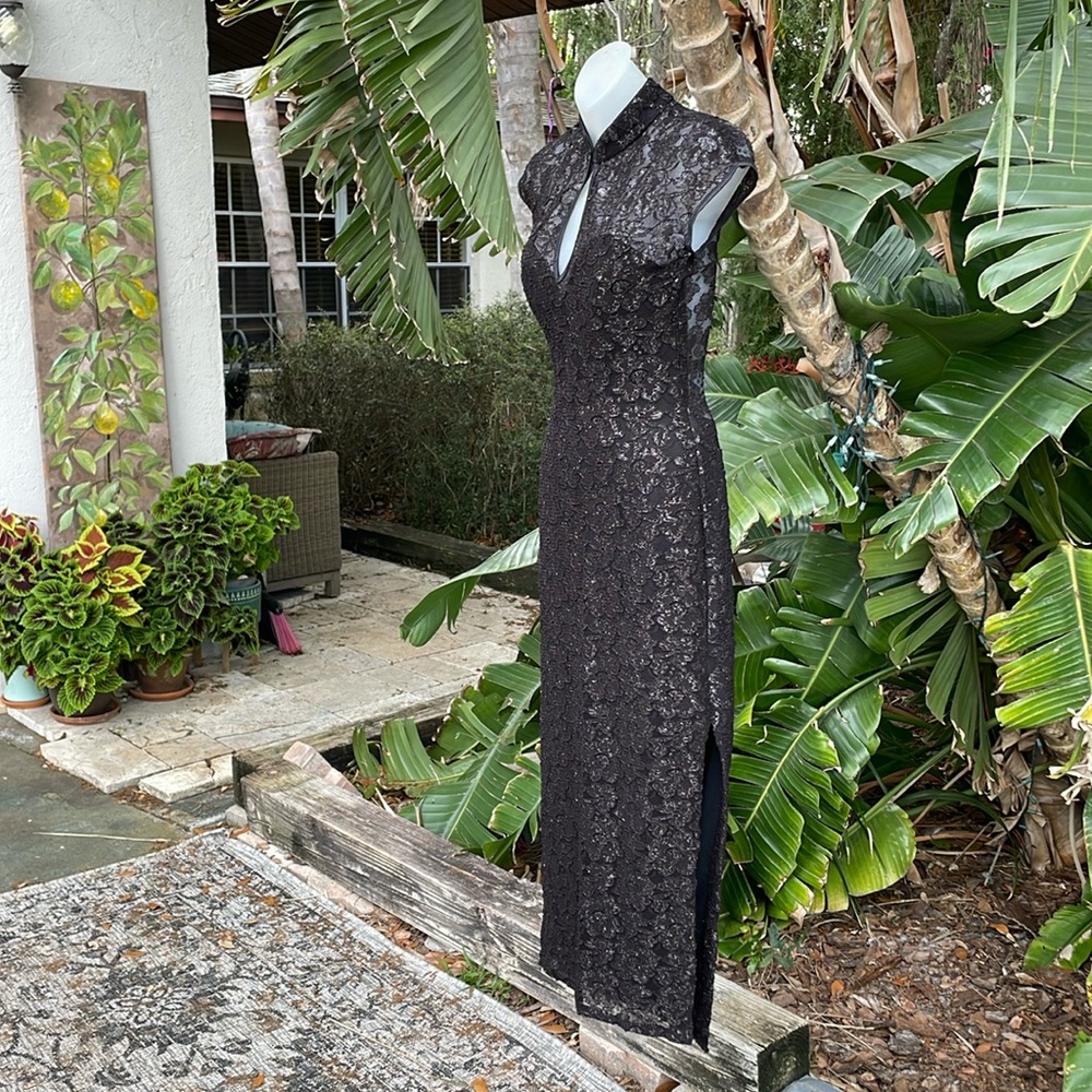 Cache metallic lace,sheer cheongsam column cocktail dress - Picture 3 of 10